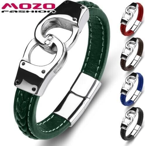 Exaggerated Mens Bangles Genuine Leather Stainless Steel Charm Btangle Women High Quality Fashion Jewelry Green