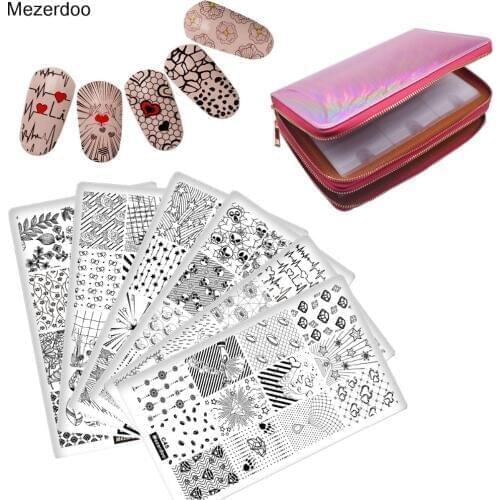 10Pcs Leaves Flowers Skull Animal Nail Art Stamp Image Stamping Plate Template + 96 Slots Collection Bag Sets Pink Manicure Kits