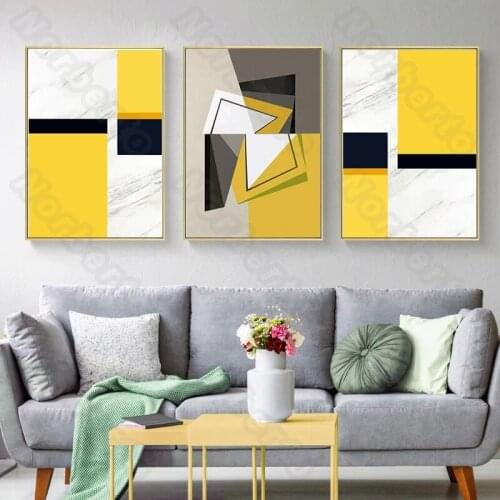 Nordic Style Canvas Painting Geometric Abstract Pictures Yellow Black and White Colors Posters for Home Rooms Gallery Wall Decor