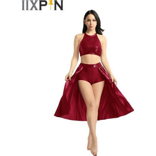 New Leotard Women Ballet Dance Dress ballerina lyrical dance costumes Halter Neck Sleeveless Sequined Crop Top and ballet skirt