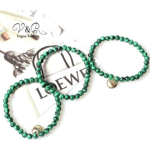 Stretchable Elastic Natural Green Marbled Beaded Bangle Bracelet Set 3pcs with Sea Shell Bridesmaid Boucle Doreille Femme 2020