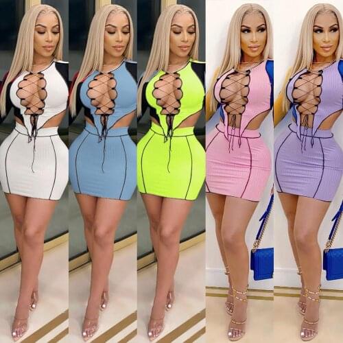 Knit Ribbed Patchwork Matching Sets Lace Up Long Sleeve Asymmetrical Top And Skirt Two Piece Outfits Skinny Partywear