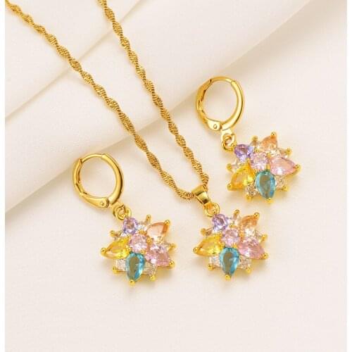 Hot Sale copper jewelry Sets CZ pink crystal Fashion round Jewelry sets Women Valentines Day wedding bridal party present gift