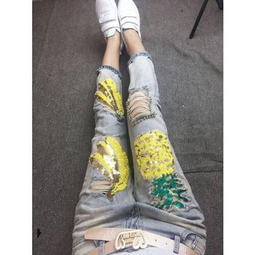 Woman Pants Denim Jeans Streetwear Vintage Pants Female Trousers Capris With Sequins 2021