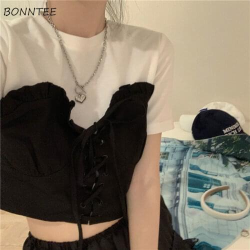 T-shirts Women Short Sleeve Patchwork Aesthetic Harajuku High Street Summer Party Cropped Tops Fashion Girlish Y2k New O-neck