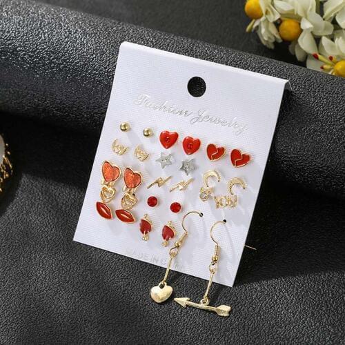 New fashion red color enamel heart lips rhinestone stud earrings for women mixed style moon star wedding party earrings gift