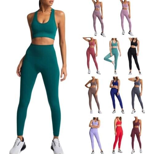 Women Seamless Knit Yoga Tracksuit Solid Color Racerback Bra High Waist Leggings Y1QE