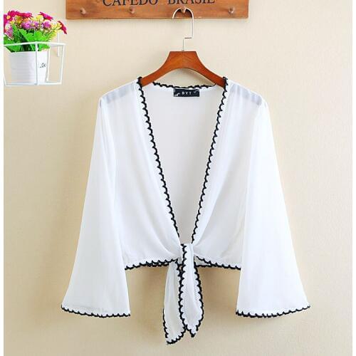 7 Colors White Pink Blue Black Sale Summer Autumn Women Open Stitch Chiffon Cardigans Ladies Flare Sleeve Small Short Coat