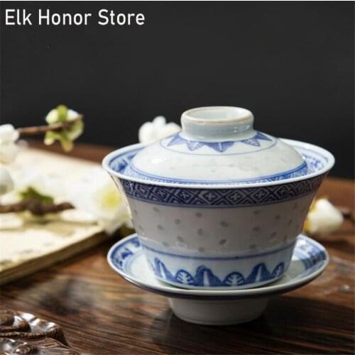 160ml Retro JingDeZhen Porcelain Tea Bowl With Saucer Lid Kit Master Blue And White Tea Tureen Drinkware Kung Fu Tea Gifts