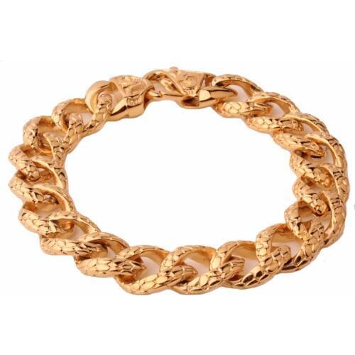 316L Stainless Steel Silver Color Gold Black color Curb Cuban Chain Mens Snake Patten Bracelet Bangle Biker Jewelry 22cm Length