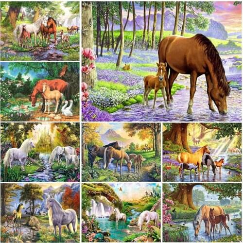 Diamond Embroidery Horse Full Square Round Diamond Painting Lake Cross Stitch Animal Forest Unicorn Rhinestone Mosaic Wall Art