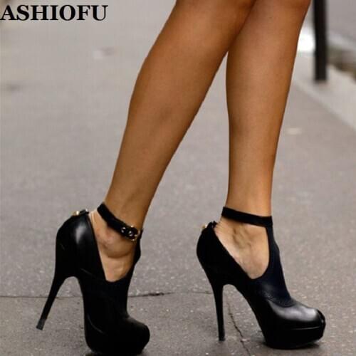 ASHIOFU Handmade Women High Heel Pumps G-buckle Strap Party Prom Dress Shoes Platform Sexy Evening Fashion Black Court Shoes