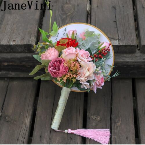 JaneVini Blush Pink Rose Bridal Bouquet Fan Chinese Style Silk Red Flowers Artificial Wedding Bouquets Bride Handle Brooch New