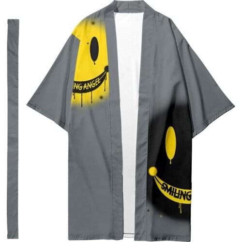 Japanese Adult Yukata Kimono Tops Print Asian Samurai Cosplay Costumes Summer Streetwear Fashion Unisex Haori Cardigan With Belt