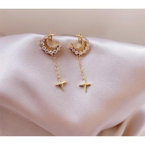 Korea Moon Star Earrings for Women Long Pearl Zircon Hollow Stud Earrings Sweet Leaves Luxury Jewelry Fashion Trend New 2021