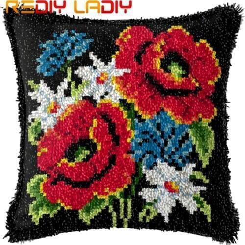 Latch Hook Kits Make Your Own Cushion Poppy & Flowers Printed Canvas Crochet Pillow Case Latch Hook Cushion Cover Hobby & Crafts