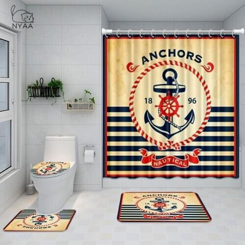NYAA Striped Bathroom Set Blue Wood Pattern Fly Ship Anchor Waterproof Vintage Shower Curtain Toilet Cover Mat Non Slip Rug