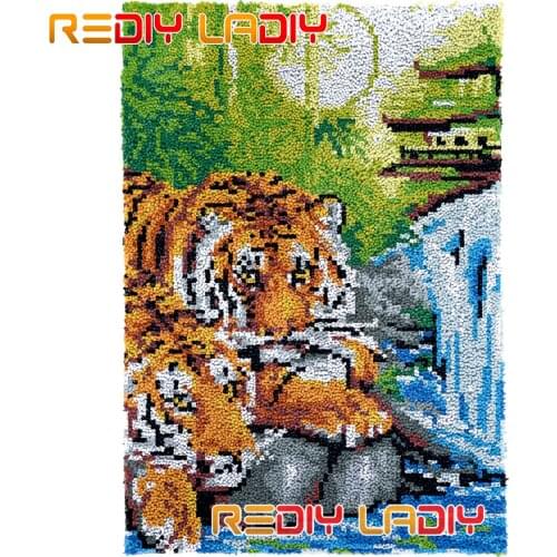 Latch Hook Kits Watefall Tigers DIY Carpet Rug Needlework Plush Wall Tapestry Chunky Yarn Art Crocheted Floor Mat Hobby & Crafts