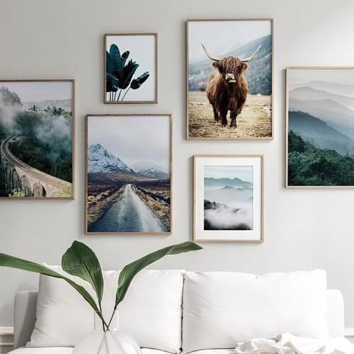Nature Landscape Poster Mountain Highland Railway Wall Art Print Canvas Painting Animal Cattle Pictures Scandinavian Home Decor