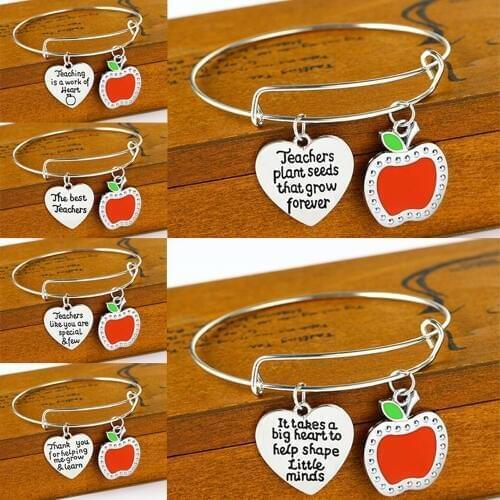 Love Heart Chic Red Apple Charms Teachers Bangle Gift Thanksgiving Teacher Bracelets School Party Jewelry Teachers Day Presents