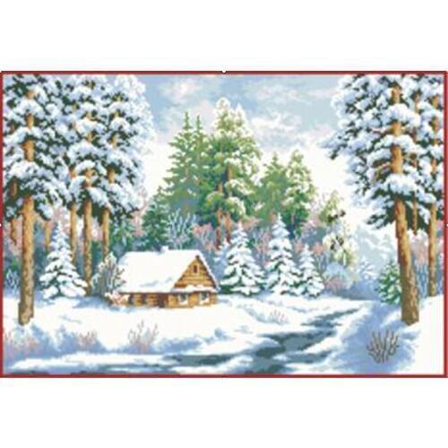 Needlework,DIY DMC Cross stitch,Kits For Embroidery set,Winter Snow tree cottage scenic Pattern Cross-Stitch Home wall decor