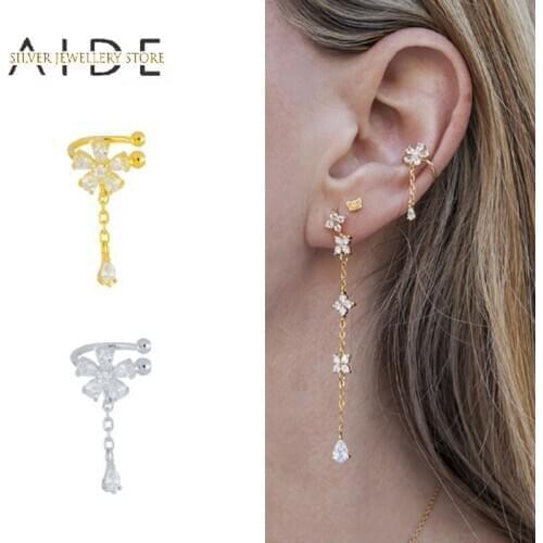 AIDE INS 925 Sterling Silver Ear Cuff Flower Tassel Dangle Clip On Earrings For Women Without Piercing Fine Jewelry kolczyki