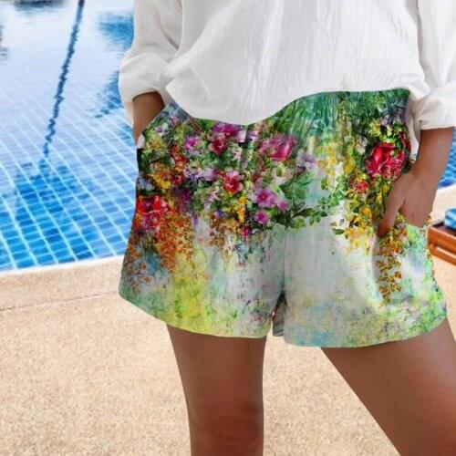 2021 New Fashion Womens Shorts Comfortable Casual Elastic Belt Pocket Floral Shorts Cotton Floral Printed Pants Painted Loose