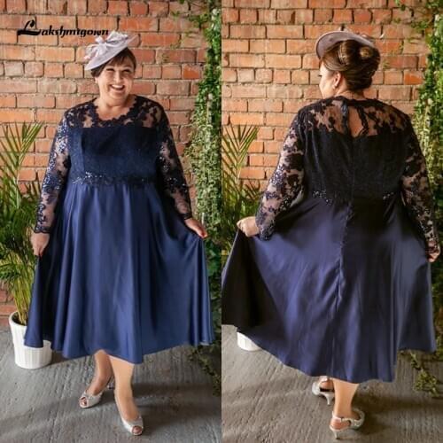 Dark Blue Plus Size Mother Of The Bride Dresses A-line Long Sleeves Stain Lace Appliques Groom Long Mother Dresses For Weddings