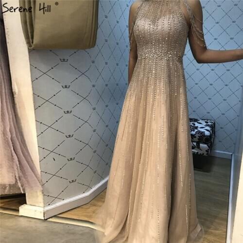 Sequins Beading Tassel Evening Dresses 2020 Champagne O-Neck Sexy A-Line Prom Dress Serene Hill BLA70266