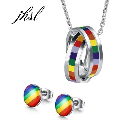 Unisex Jewelry Sets for Men Women Lover Silver Color Pendant Necklace Earrings for Man Gays Stainless Steel Colorful Rainbow