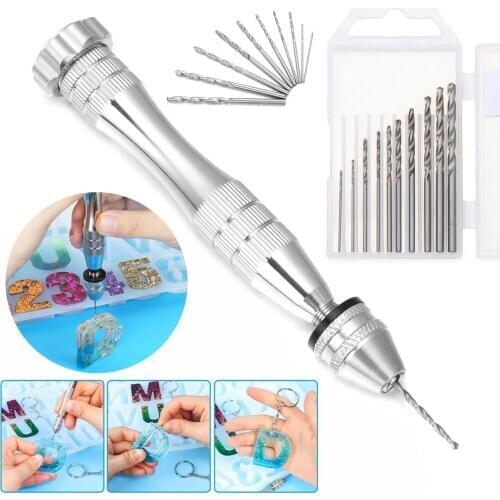 2020 New Crystal UV Epoxy Resin Mold Drill Holes Tool Hand Drill with 10 PCS Drill Bits Keychain Pendant Jewelry Making Tools