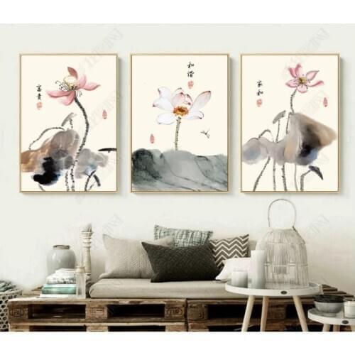 3 Pieces New Chinese Simple Ink Lotus Decorative Paintings Modular Picture Wall Art Canvas Painting for Living Room No Framed