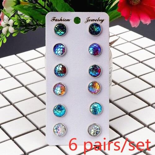 6Pairs/Set Round Mermaid Stud Earrings Brincos Gifts Multicolor Fashion Fish Scale Earrings For Women Simple Style