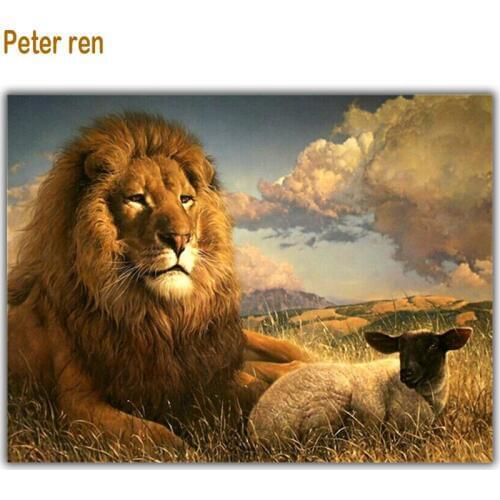 Peter ren Diamond painting Cross stitch Round/Square mosaic Picture by numbers Full Embroidered with rhinestones "Lion and lamb"