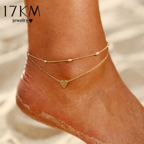 17KM Boho Gold Multilayered Heart Anklet For Women Girls Trendy Beads Foot Ankle Bracelet Anklets Vintage Leg Chain 2021 Jewelry