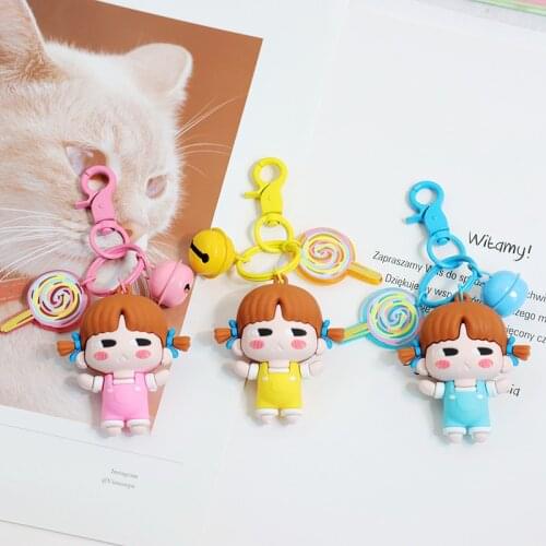 Cartoon Double Ponytail Bangs Girl Keychain Cute Doll Bells Lollipop Accessory Keyring Children Student Schoolbag Small Pendant