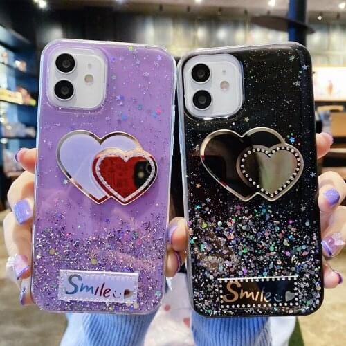 Clear Glitter Love Heart Mirror Case For Samsung Galaxy A50 A70 A20 A30 A40 A10 A20E A10S A20S A30S A21S Soft Silicon Back Cover