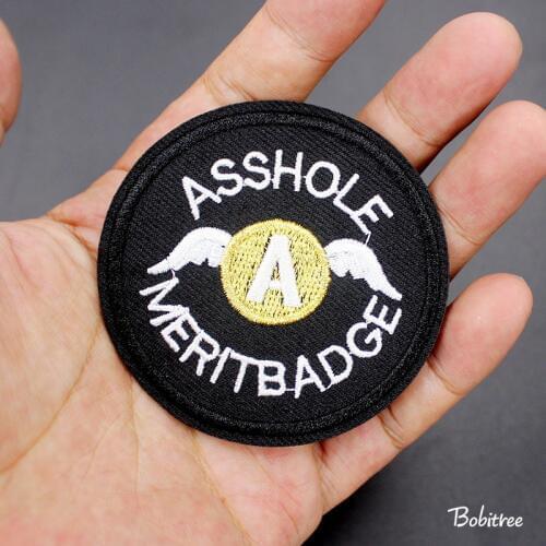 Black Circular Embroidered Patches iron on Labels Asshole Merit Badge Applique for Jacket Jeans Shoes Backpack