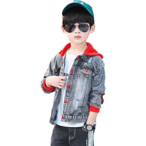 Spring & Autumn Cowboy Boy Sets New 2021 Korean Version Fashion Hooded 2-Piece Jean Jacket Printing Handsome Childrens Clothing