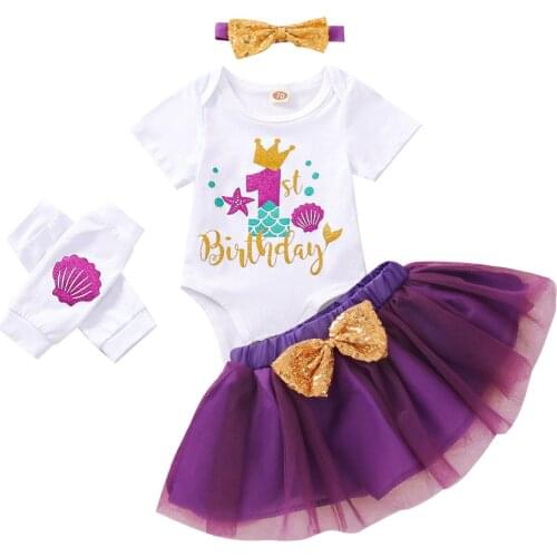 FOCUSNORM Newborn Baby Girls Clothes Sets 4pcs Letter Print Romper + Skirt + Leg Sleeves + Headwear for Birthday Party