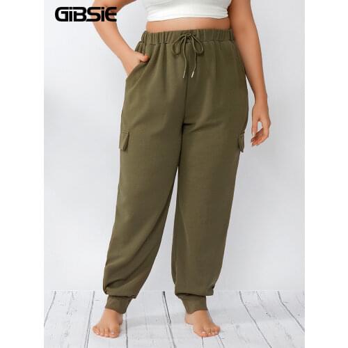 GIBSIE Plus Size 2021 Spring Autumn Solid Casual Sweatpants Women Cargo Pants Fashion Korean Drawstring Waist Trousers Steetwear