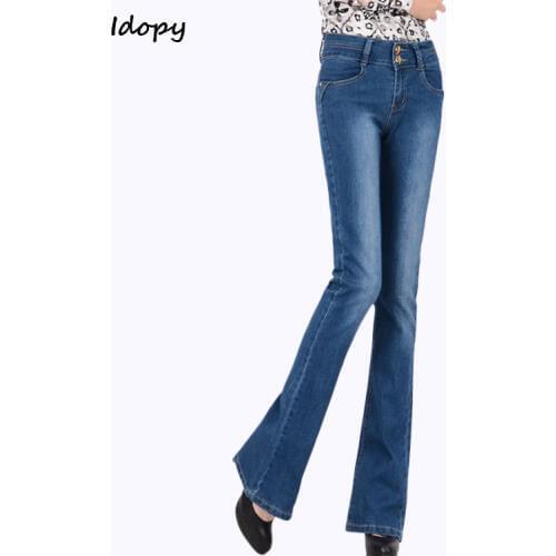 Idopy Women`s Wide Leg Denim Pants Stretchy High Waist Elastic Slim Fit Long Classic Office Jeans For Female Plus Size