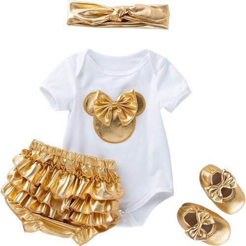 2020 New Baby Girl Clothes White Cotton Rompers and Golden Ruffles Baby Girls Tutu Skirt Shoes Headband Newborn Sets