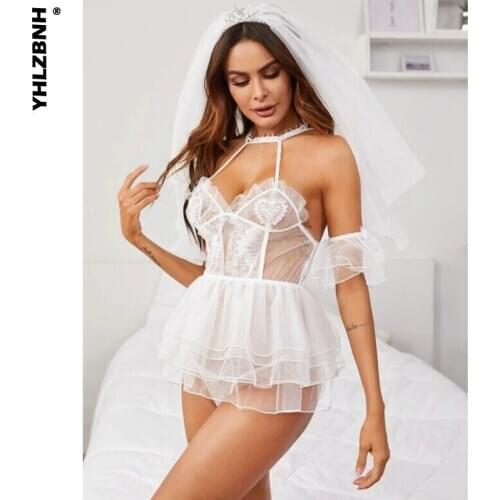 5Pack Women Erotic Lingerie Halter Dress with Veil Mesh Ruffle Deep V Simple Solid Lace Sexy Babydoll For Bride