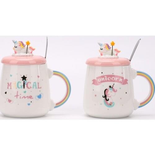 450ML Cute Pink Unicorn Milk Coffee Tea Mug Cup With Lid Spoon Personality Cartoon Creative Design