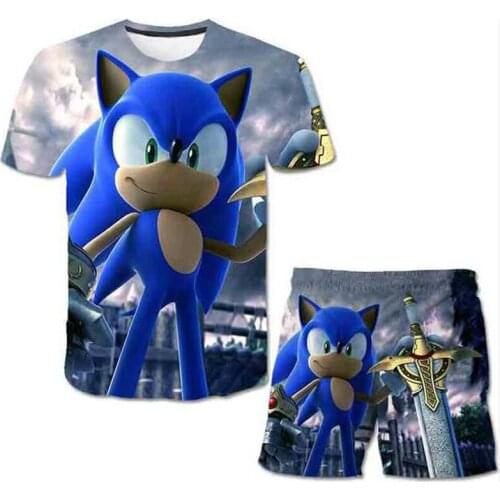 2021 Summer Sports and Leisure Set Clothing Set Sonic 3D Print Set Toddler Boys and Girls Top + Shorts 2-piece Suit 4 to 14 Y