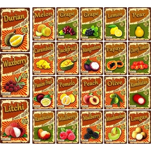[ Mike86 ] Fruits Litchi Durian Peach Grape Lemon Pear Always Fresh Metal Tin Sign Wall Poster Iron Painting Pub S-07 20*30 CM