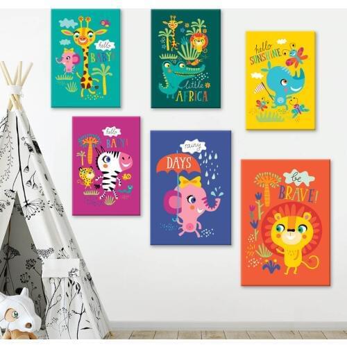 Cartoon Lion Zebra Giraffe Elephant Rhino Nordic Posters And Prints Wall Art Canvas Painting Wall Pictures Baby Kids Room Decor