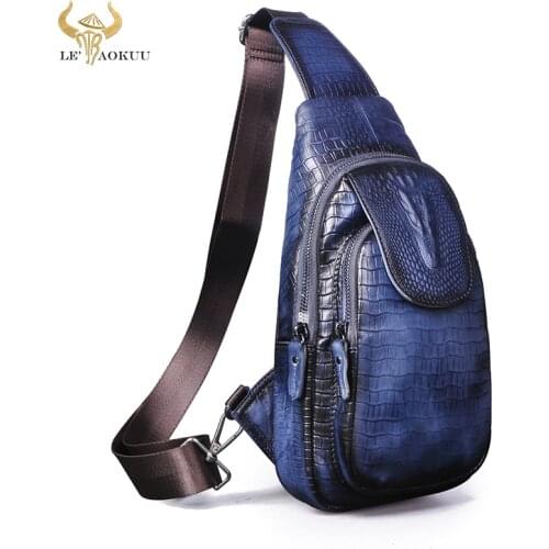 Mens Original Leather Retro Blue Triangle Chest Sling Bag 8" Tablet Design One Shoulder Strap Bag Cross body Bag Male 5016