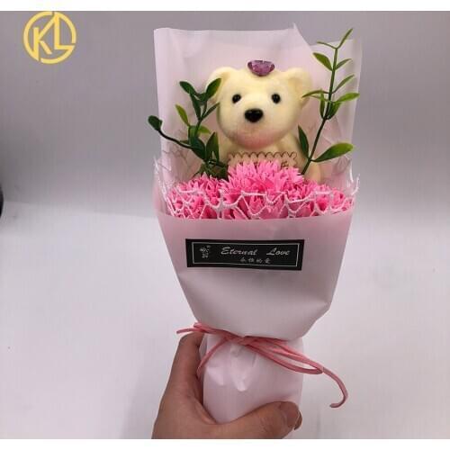 Pink Color Carnation Bouquet soap Flower With Lovely Bear and gift box for Mothers Day and wedding guest Gifts